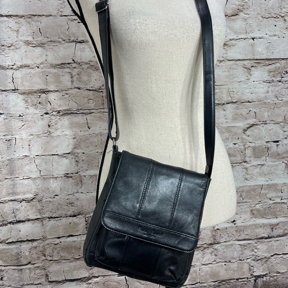 Gold Coral Black Leather Crossbody Organizer Hipster Bag 6x8x3 - Picture 1 of 10